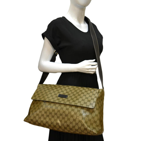 GUCCI Crystal GG Monogram Flap Coated Canvas Messenger Bag Beige 272350