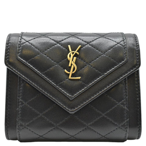 YVES SAINT LAURENT Gaby Compact Tri Fold Small Quilted Leather Wallet Black