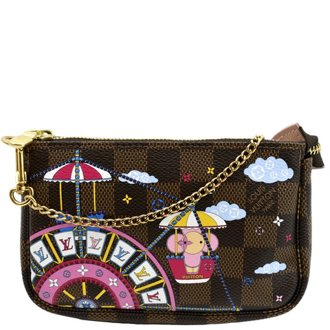 LOUIS VUITTON Christmas Animation Pochette Damier Ebene Accessoires Pouch Rose Ballerine