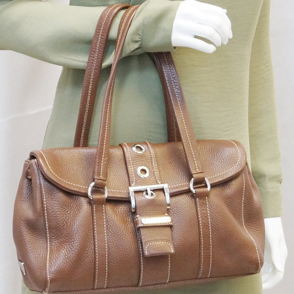 Prada Shoulder Leather Bag Brown Grommet - mannequin 