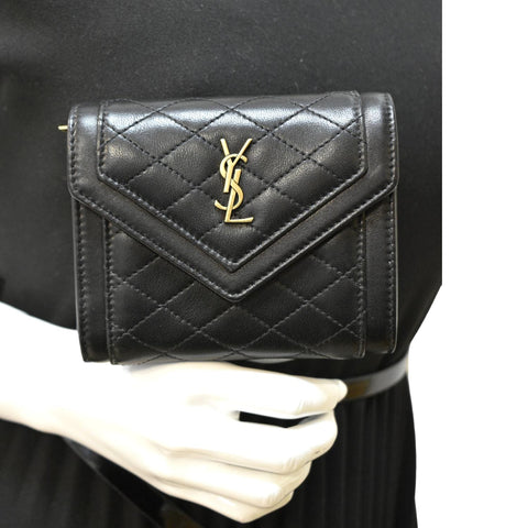 YVES SAINT LAURENT Gaby Compact Tri Fold Small Quilted Leather Wallet Black