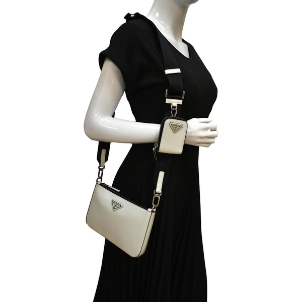 Prada Brushed Leather Shoulder Bag in White Color - Full View