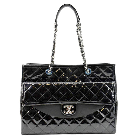 CHANEL Front Pocket Quilted Patent Leather Shopping Tote Bag Black