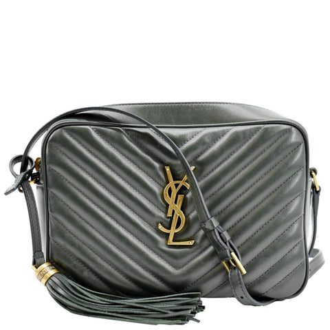YVES SAINT LAURENT Lou Chevron Leather Camera Crossbody Bag Green