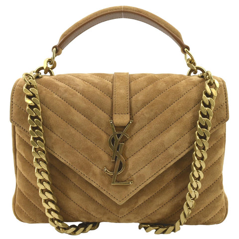YVES SAINT LAURENT College Chevron Suede Shoulder Chain Bag Camel
