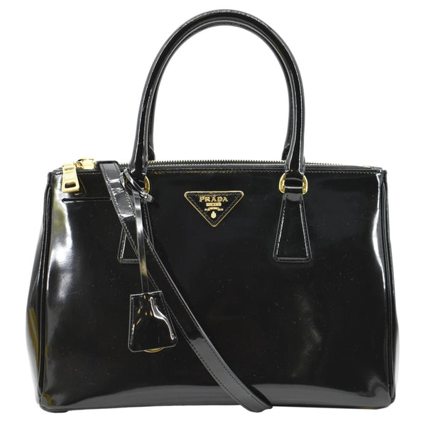 Prada Double Zip Patent Leather Shoulder Bag Black - Front