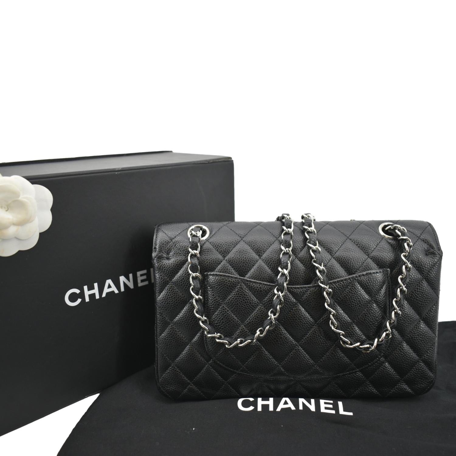 Chanel Rare Silver HW Black Quilted Caviar Medium Classic Double Flap 78ck33s