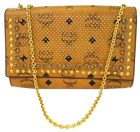 MCM Studded Spike Visetos Brown Wallet Crossbody