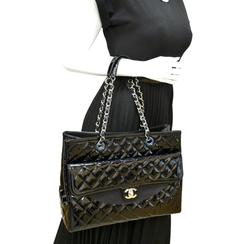 CHANEL Front Pocket Quilted Patent Leather Shopping Tote Bag Black