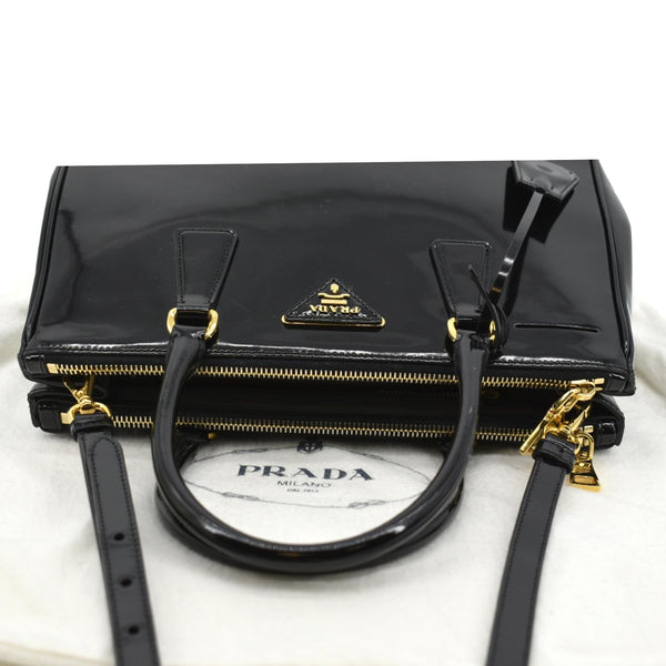 Prada Double Zip Patent Leather Shoulder Bag Black - Top