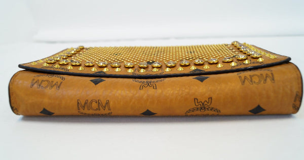 MCM Studded Spike Visetos Brown Wallet Crossbody