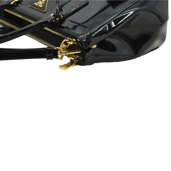 Prada Double Zip Patent Leather Shoulder Bag Black - Top Left