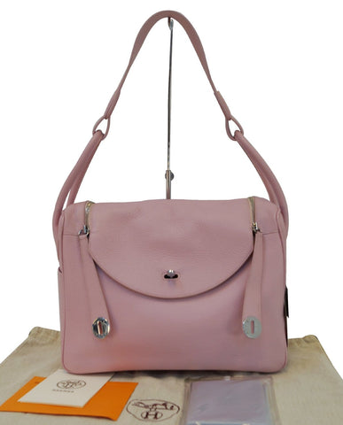 HERMES 34cm Pink Clemence Leather Palladium Plated Lindy Bag