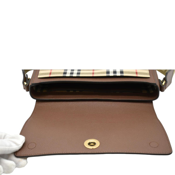 BURBERRY Check Note Grainy Leather Crossbody Bag Brown