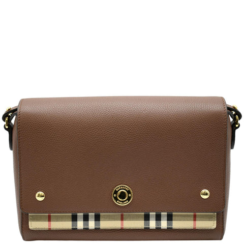 BURBERRY Check Note Grainy Leather Crossbody Bag Brown