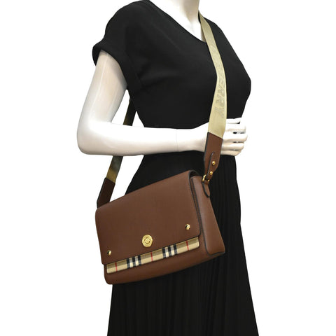 BURBERRY Check Note Grainy Leather Crossbody Bag Brown