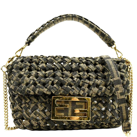 FENDI Mini Baguette Woven Jacquard Fabric Shoulder Bag Brown