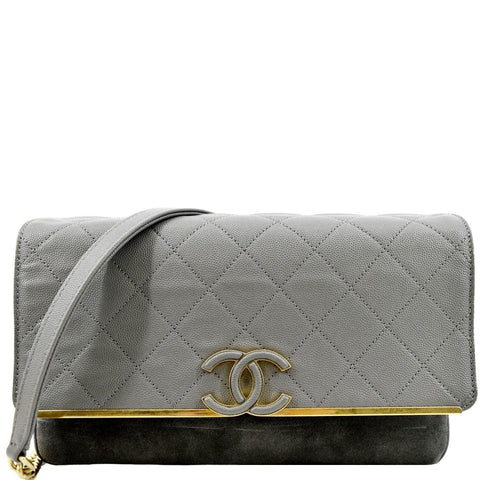 CHANEL Lady Coco Flap Suede Caviar Leather Crossbody Bag Gray