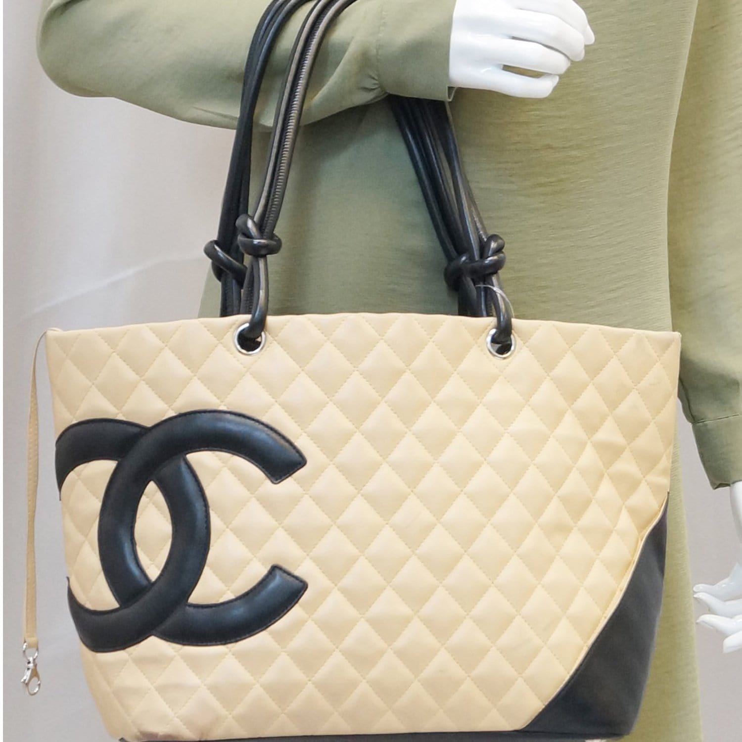 Vintage Chanel Cambon Bowler Bag Beige and Black Calfskin Silver