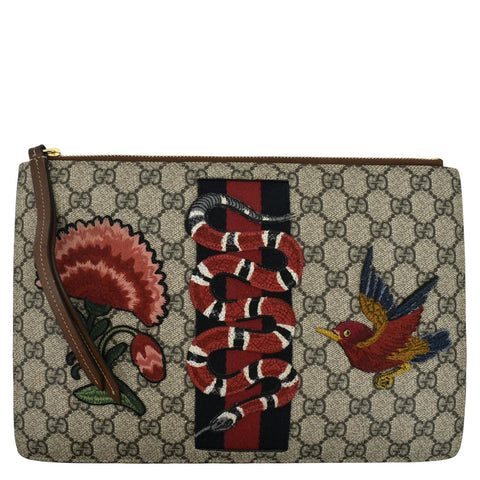 GUCCI King Snake Hummingbird GG Supreme Embroidered Clutch Bag Beige 431416