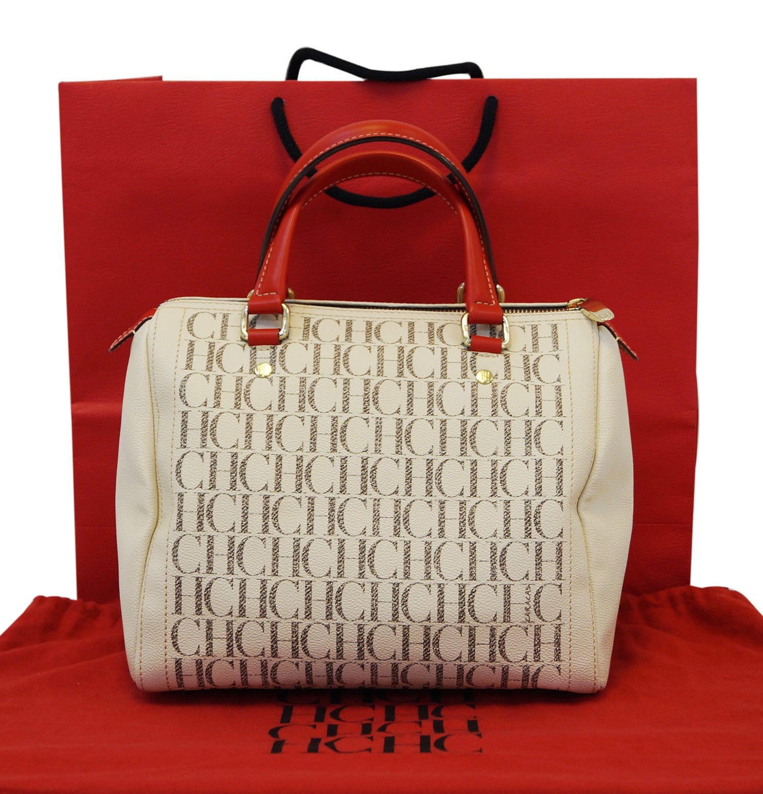Carolina Herrera White/Red Boston Handbag E2921