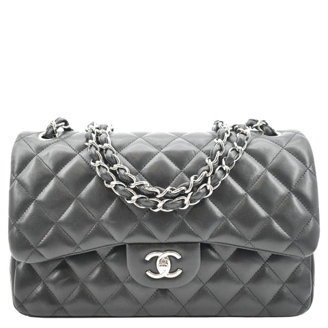 CHANEL Classic Medium Double Flap Quilted Lambskin Leather Shoulder Bag Black