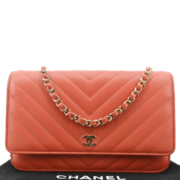 CHANEL CC WOC Chevron Leather Wallet On Chain Crossbody Bag Red