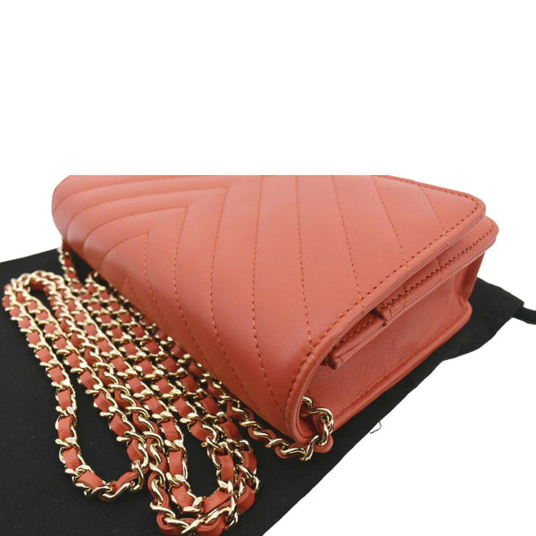 CHANEL CC WOC Chevron Leather Wallet On Chain Crossbody Bag Red