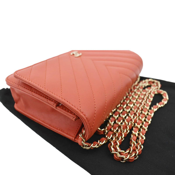 CHANEL CC WOC Chevron Leather Wallet On Chain Crossbody Bag Red