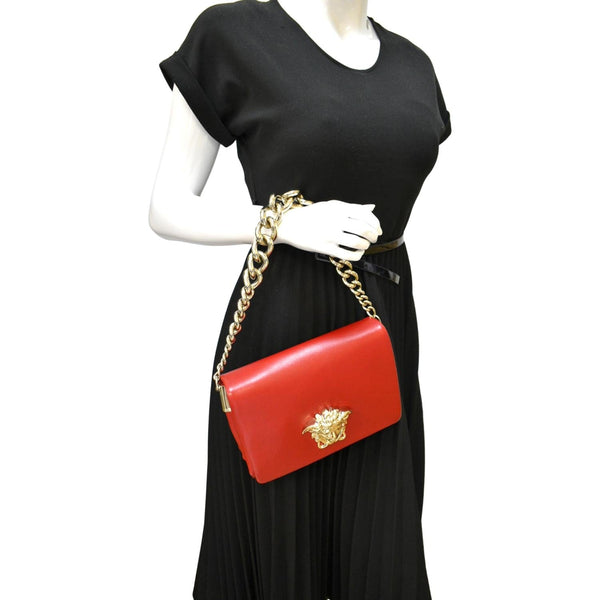 Versace Medusa Calfskin Leather Chain Clutch Bag Red - Full View