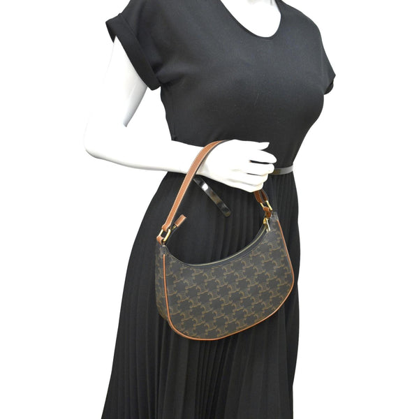 Celine Ava Triomphe Canvas Calfskin Shoulder Bag Tan - Full View