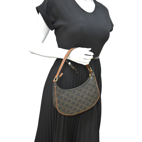 Celine Ava Triomphe Canvas Calfskin Shoulder Bag Tan - Full View