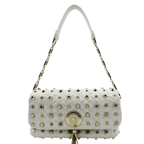 VERSACE Vanitas Medusa Tassel Leather Studded Shoulder Bag White