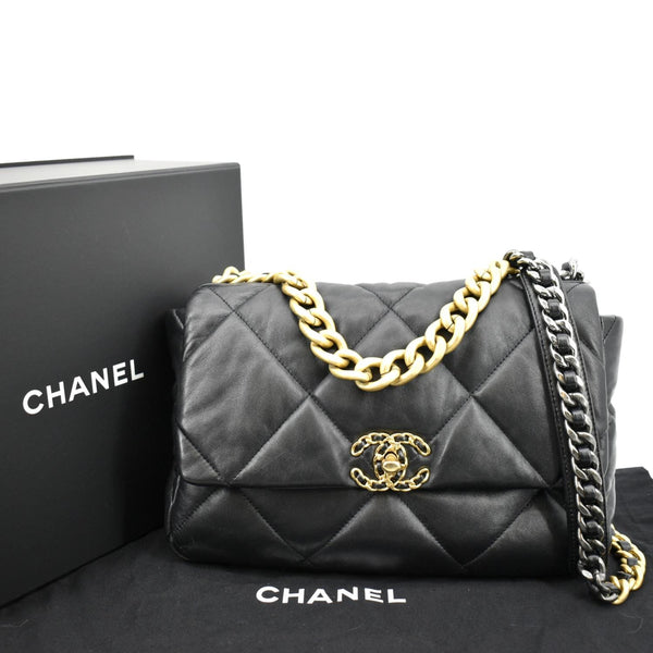 CHANEL 19 Flap Quilted Lambskin Leather Shoulder Bag Black