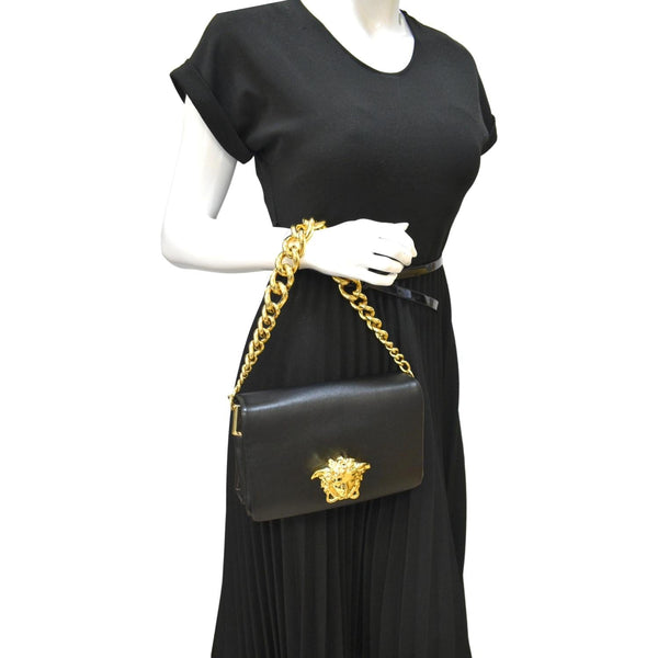 Versace Medusa Calfskin Leather Chain Clutch Bag Black - Full View