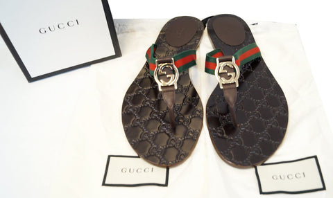GUCCI Brown GG Thong Web Sandal Size 40.1/2 270374