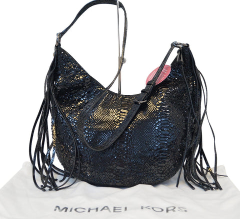 MICHAEL KORS Medium Rhea Crystal Black Slouchy Patent Python Crossbody Bag
