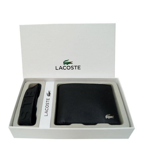 Lacoste Men's Fitzgerald Leather Wallet Key Chain Set Black