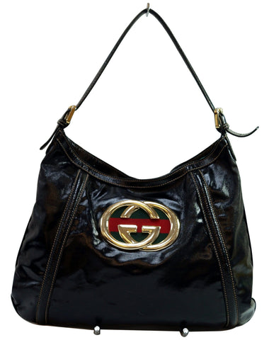 GUCCI Patent Leather Black Medium Britt Hobo Bag