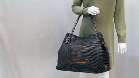 CHANEL Calfskin Laser Cut Perforated CC Tote Black