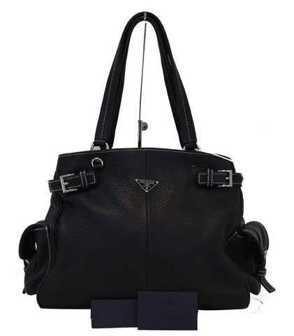 Prada Vitello Daino Black Calfskin Leather Shoulder Bag