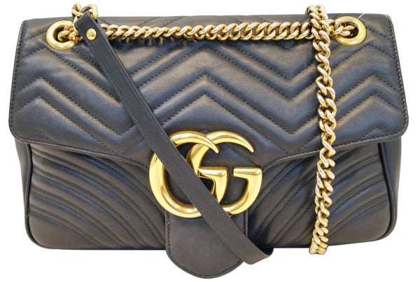 GUCCI Black Leather GG Marmont Matelasse Shoulder Bag