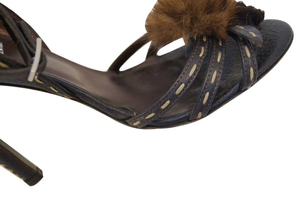 FENDI Vero Cuoio Brown Leather Fur Heels 37 Size