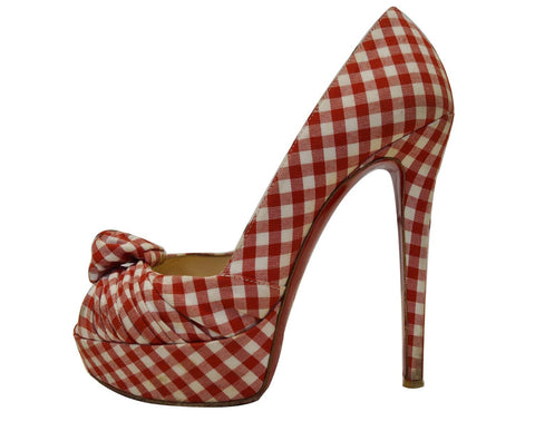 Christian Louboutin Greissimo Gingham Checkered Peep Toe Pumps