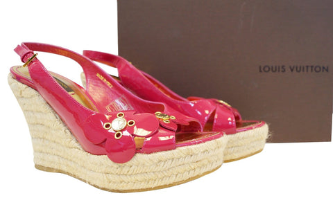 LOUIS VUITTON Patent Leather Floral Embellished Espadrille Wedges
