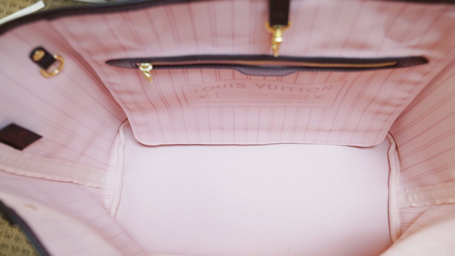 Authentic Louis Vuitton Damier Ebene Neverfull MM w Rose Ballerine Int Tote  Bag
