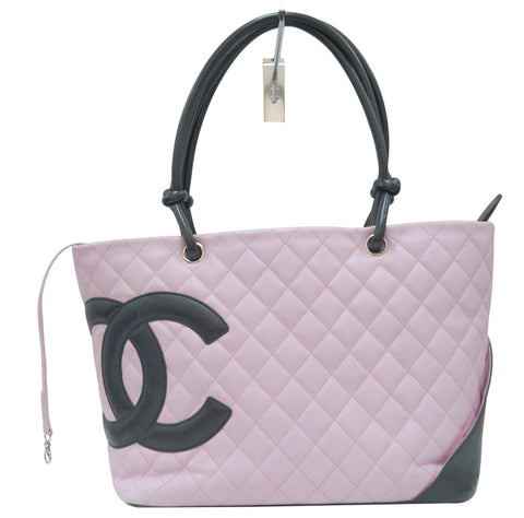 CHANEL Quilted Leather Pink/Black Cambon Tote Bag