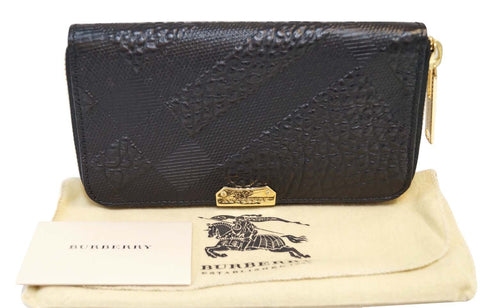 BURBERRY Embossed Check Leather Zip Around Wallet Black