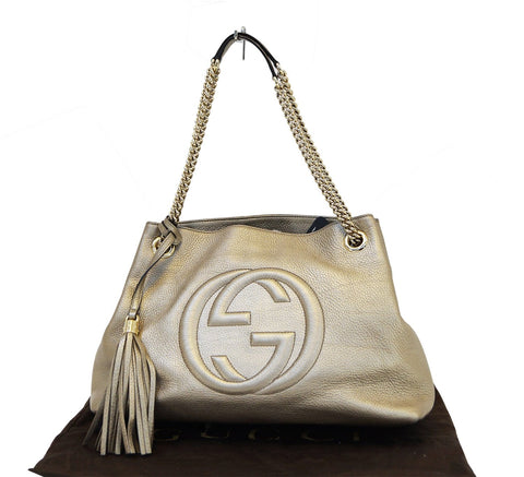 GUCCI Gold Pebbled Leather Soho Chain Tote Bag