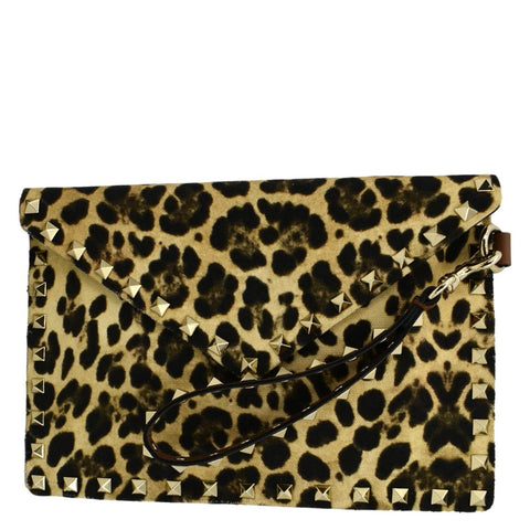 VALENTINO Rockstud Medium Leopard Print Canvas Clutch Bag Multicolor